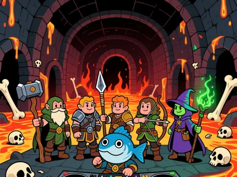 Fantasy Adventurers and DJ Pike-Fish in a Fiery Dungeon