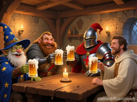 Fantasy Adventurers Toasting in a Cozy Tavern