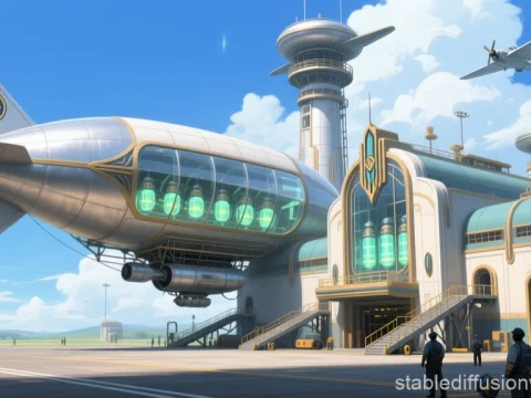 Fantasy Airship Dock with Futuristic Zeppelins