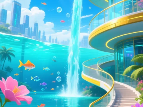 Fantasy Aqua Utopia City with Waterfall and Vibrant Flora