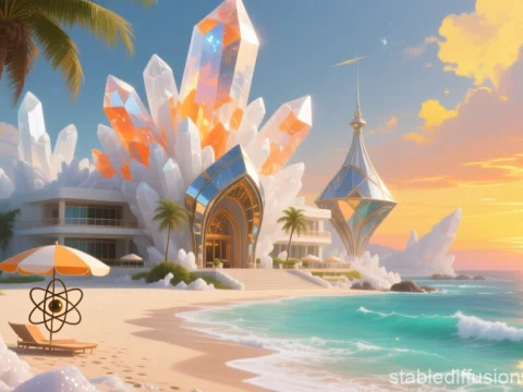 Fantasy Beach Resort with Giant Crystals at Sunset
