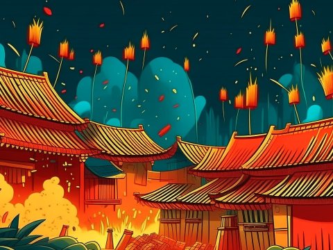 Fantasy Cartoon Illustration of Traditional Asian Village at Night