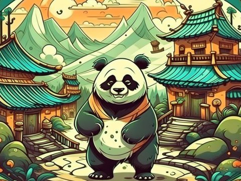 Fantasy Cartoon Panda in Asian Village Landscape