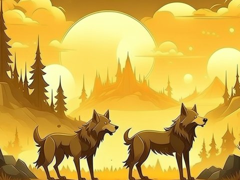 Fantasy Cartoon Wolves in a Mystical Forest Landscape