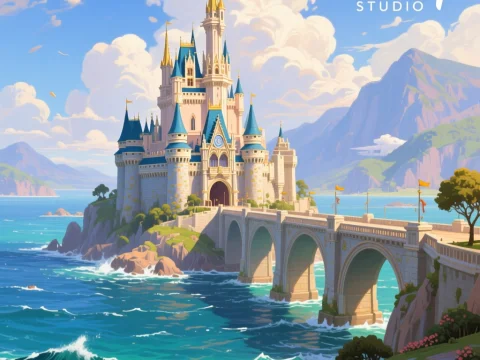 Fantasy Castle by the Sea with Bridge and Mountains
