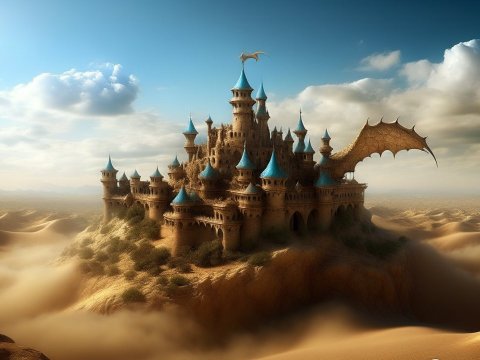 Fantasy Castle with Dragon Wings in Desert Landscape