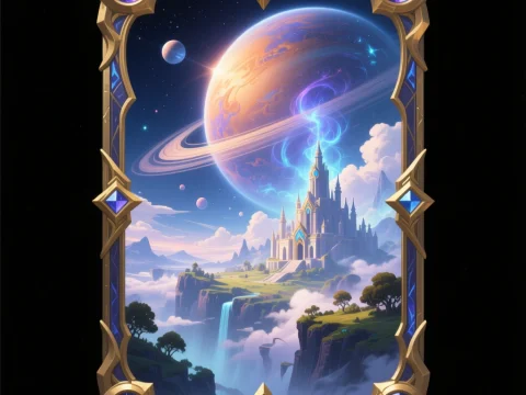 Fantasy Castle with Planetary Sky in Ornate Game Card Frame