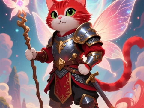 Fantasy Cat Warrior with Magical Staff and Wings