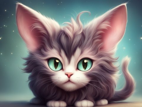 Fantasy Cat with Large Green Eyes and Fluffy Fur