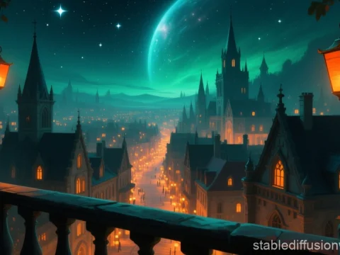 Fantasy Cityscape Viewed from a Balcony at Night