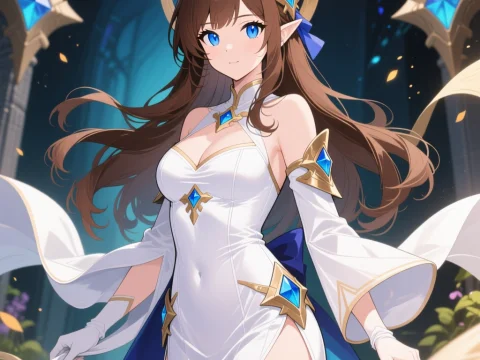 Fantasy Cleric with Blue Gems in White Robes