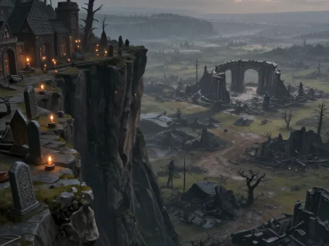 Fantasy Cliffside Battlefield at Sunset