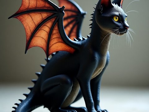 Fantasy Creature: Black Cat with Dragon Wings