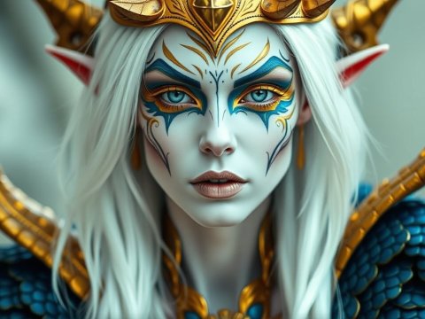 Fantasy Elf Queen with Intricate Face Paint and Golden Armor
