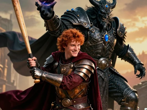 Fantasy Knight Facing Off Against Demon with Magical Baseball