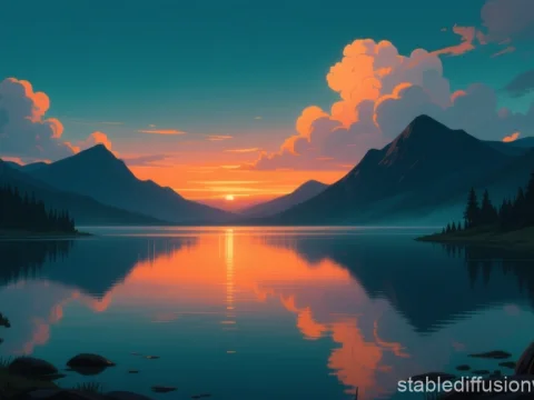 Fantasy Lake at Twilight with Mountain Reflections