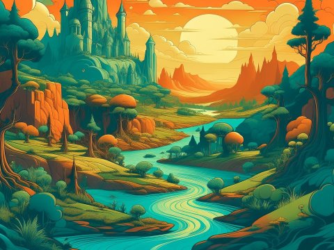 Fantasy Landscape with Castle and Flowing River at Sunset