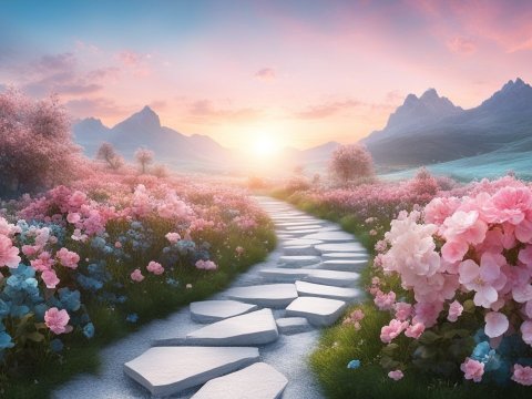 Fantasy Landscape with Stone Path and Blossoming Flowers at Sunrise