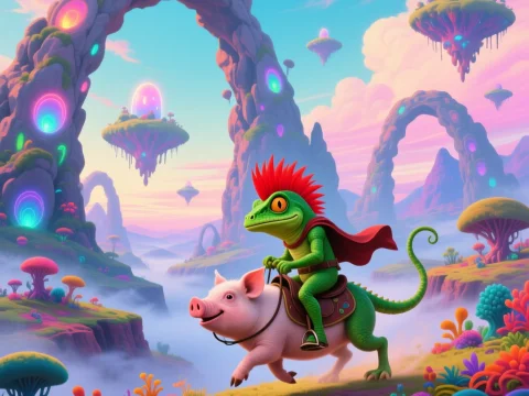 Fantasy Lizard Rider on Pig in Vibrant Surreal Landscape
