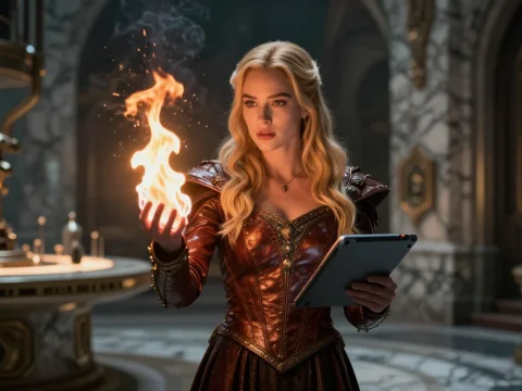 Fantasy Mage Holding Fireball and Tablet in Ancient Hall