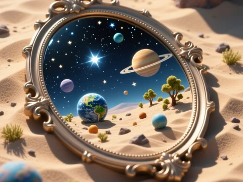 Fantasy Mirror Reflecting a Miniature Solar System in Desert Sand
