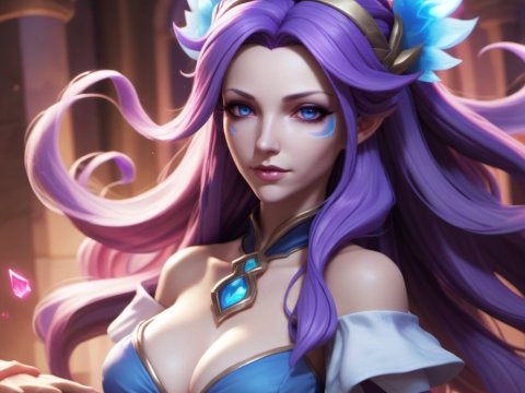 Fantasy Portrait of a Purple-Haired Sorceress with Glowing Blue Gems