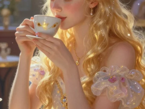 Fantasy Princess Enjoying a Cup of Coffee