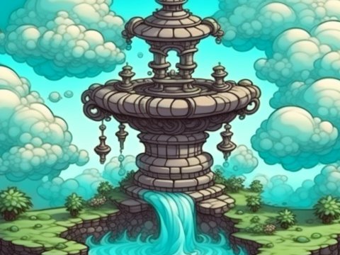 Fantasy Stone Fountain with Flowing Water and Floating Clouds