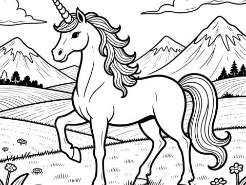 Fantasy Unicorn Coloring Page with Mountain Landscape