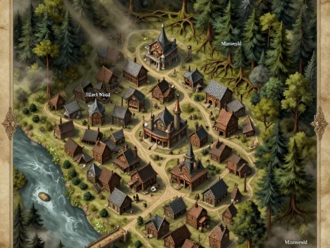 Fantasy Village Map with Dense Forest and River