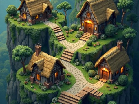 Fantasy Village on Cliffside Plateaus with Cozy Cottages