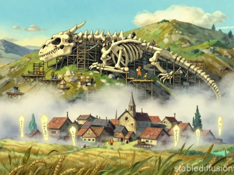 Fantasy Village with Giant Dragon Skeleton on Hillside