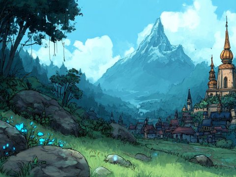 Fantasy Village with Majestic Mountain and Glowing Flora
