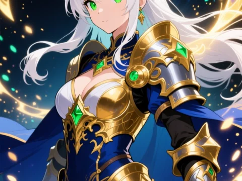 Fantasy Warrior with White Hair and Emerald Armor
