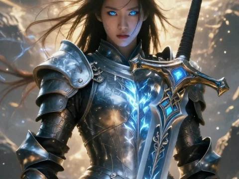 Fantasy Warrior Woman with Glowing Blue Sword