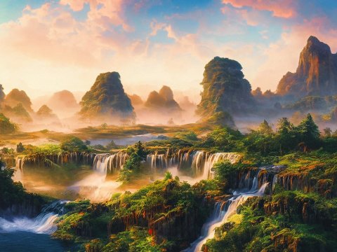 Fantasy Waterfall Landscape with Misty Mountains at Sunset