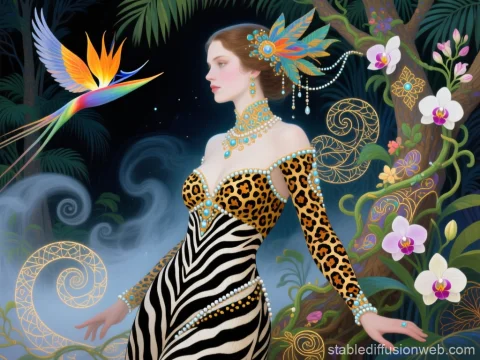 Fantasy Woman in Klimt-Inspired Ornate Jungle Scene
