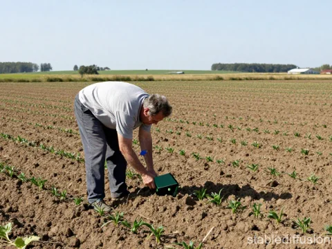 Farmer Inspecting Young Crops in a Large Agricultural Field