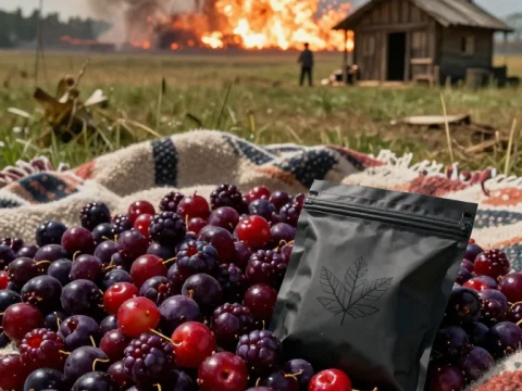 Farmer Watching Explosion Behind Fresh Berries and Packaged Product