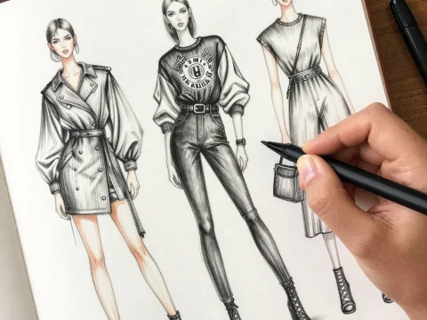 Fashion Illustration Sketches of Three Stylish Women