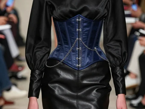 Fashion Model Wearing Black Satin and Leather Outfit with Blue Corset