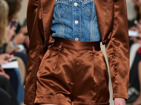 Fashion Model Wearing Brown Satin Shorts and Denim Top