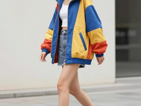 Fashionable Woman Walking in Colorful Casual Jacket