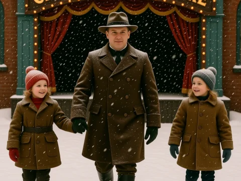 Father and Children Walking in Snow Outside Children's Theatre