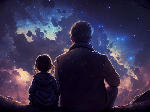 Father and Daughter Stargazing in a Cosmic Night