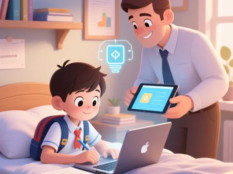 Father Helping Son with Homework Using Laptop and Tablet