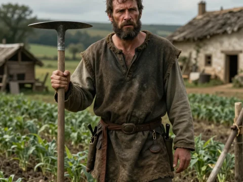 Fatigued Medieval Farmer Standing in Field with Hoe