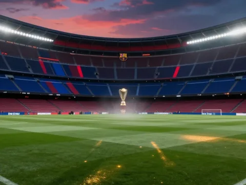 FC Barcelona Stadium with Glowing Trophy at Sunset