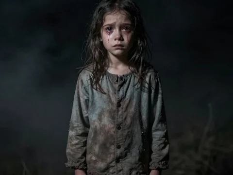 Fearful Young Girl Crying in the Dark