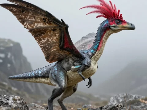 Feathered Pterosaur in Misty Mountain Landscape